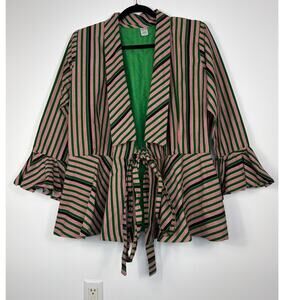 Afrique Nana Boho Afrocentric Stripe Cotton Jacket Size 14 Ruffled Tie Waist